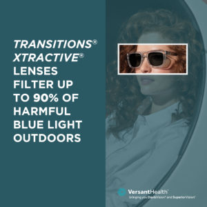 Social media ad that says Transitions Xtraactive Lenses filter up to 90% of harmful blue light outdoors