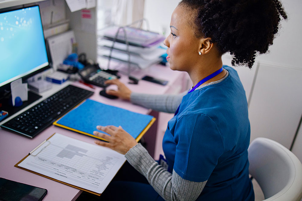 Front office worker using a computer